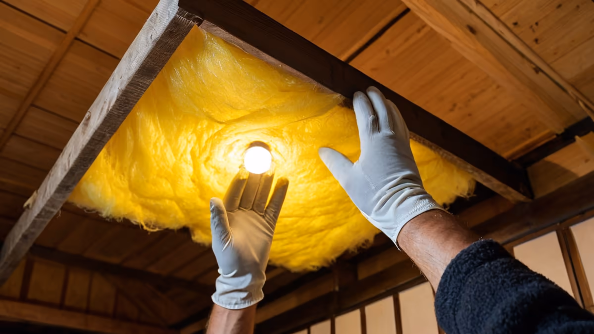 小屋裏に断熱材を敷き込んでいる手元