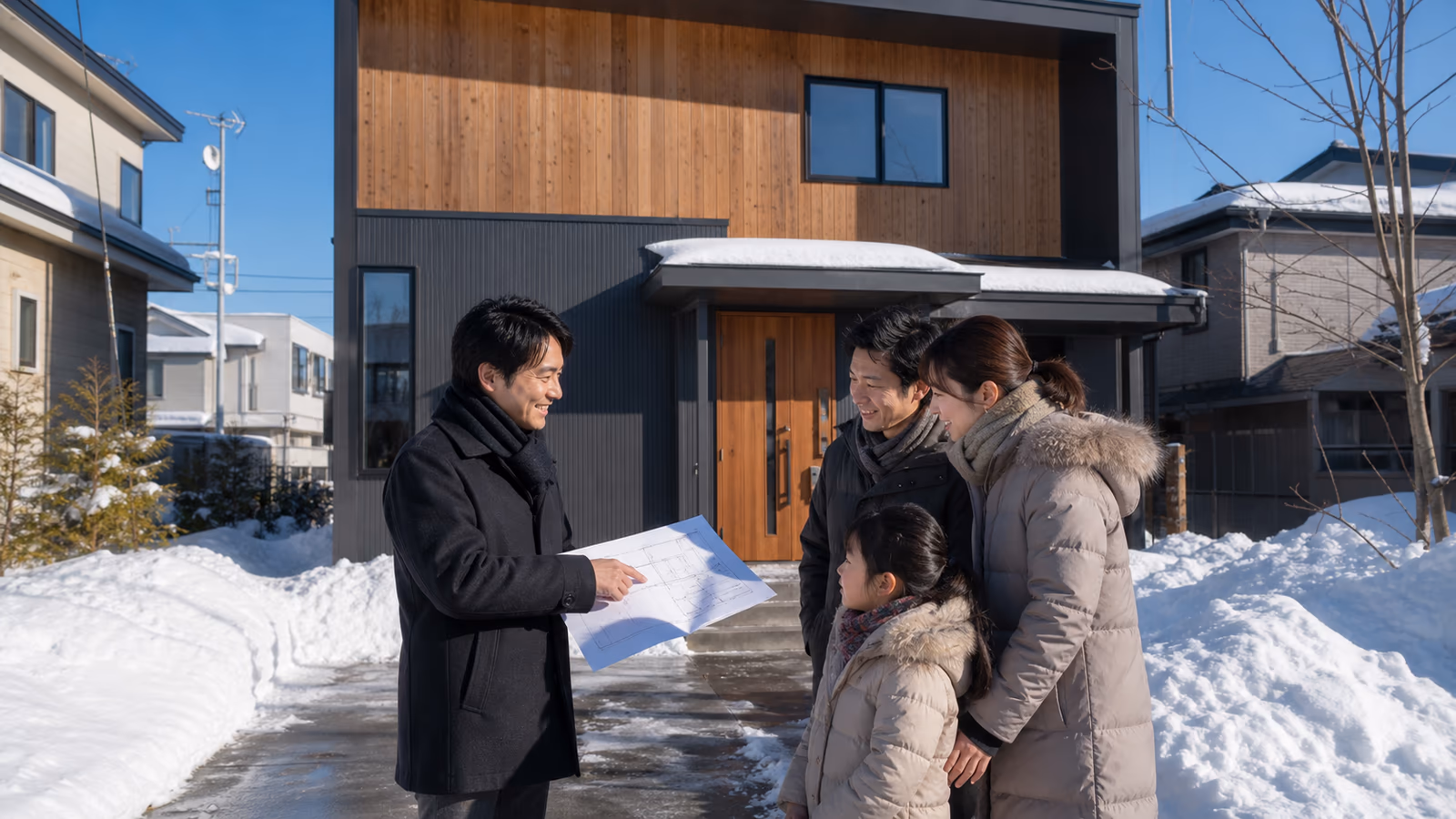 完成した住宅の前でお施主様に図面を説明する建築士