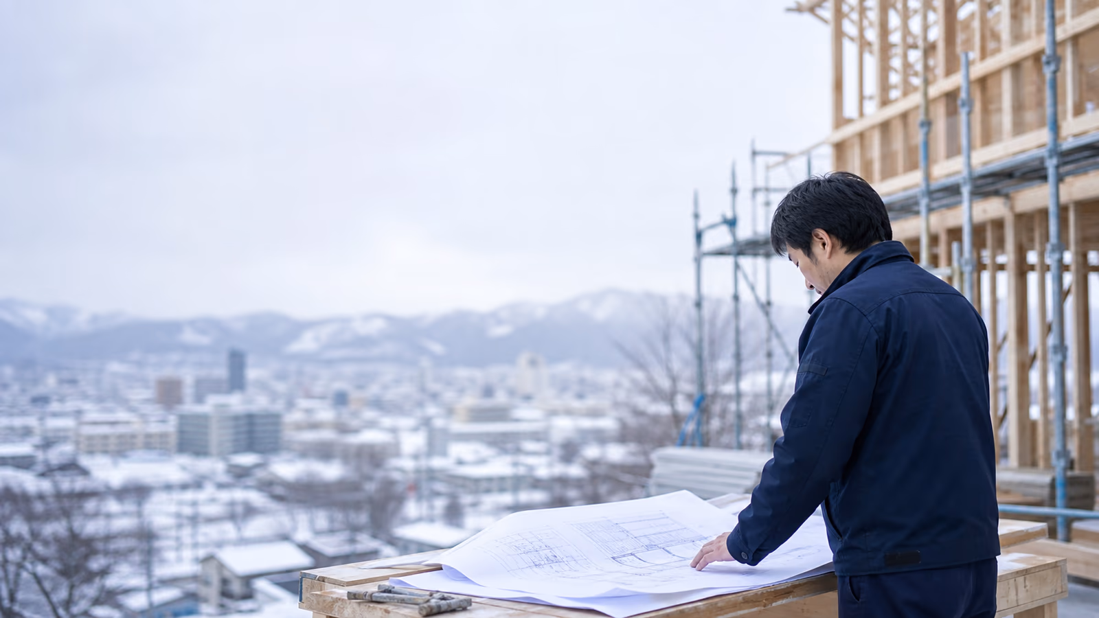 雪の残る札幌の街を背に、現場で図面を確認する建築士