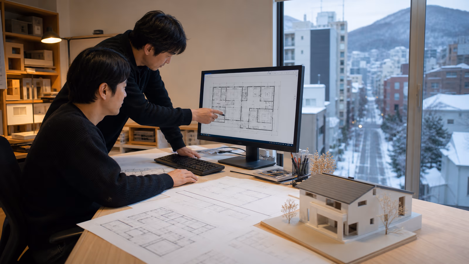 設計室でCAD図面を前に打ち合わせをする様子