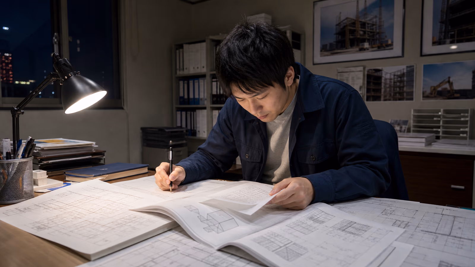 事務所で建築士試験の問題集と図面を広げて勉強する社員