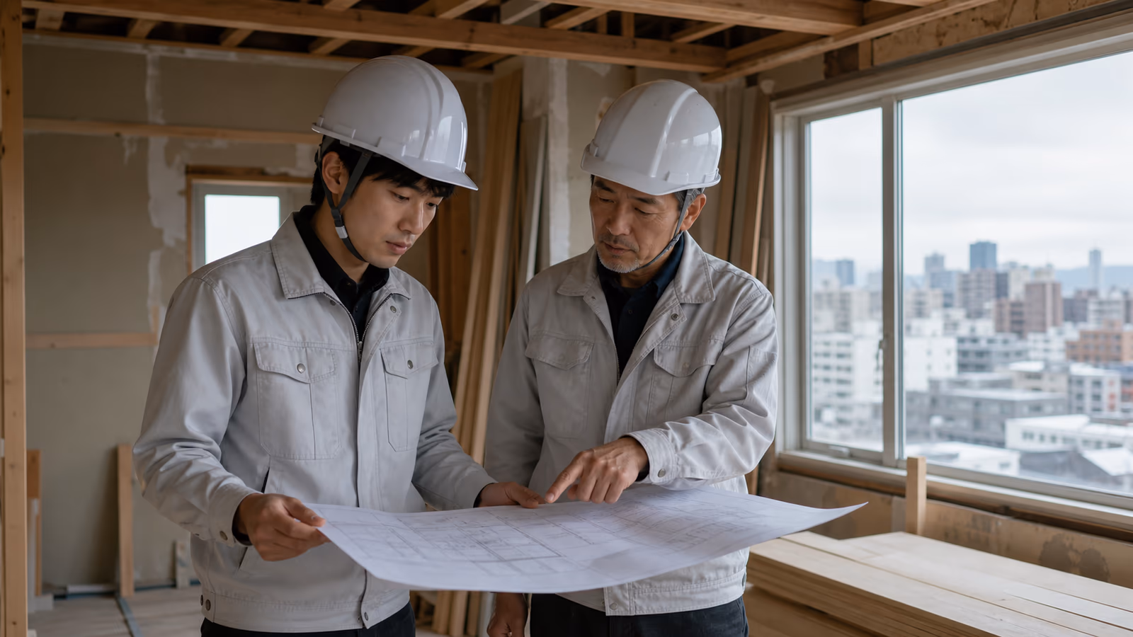 住宅の改修現場で、先輩の建築士に図面を見せて相談する若手