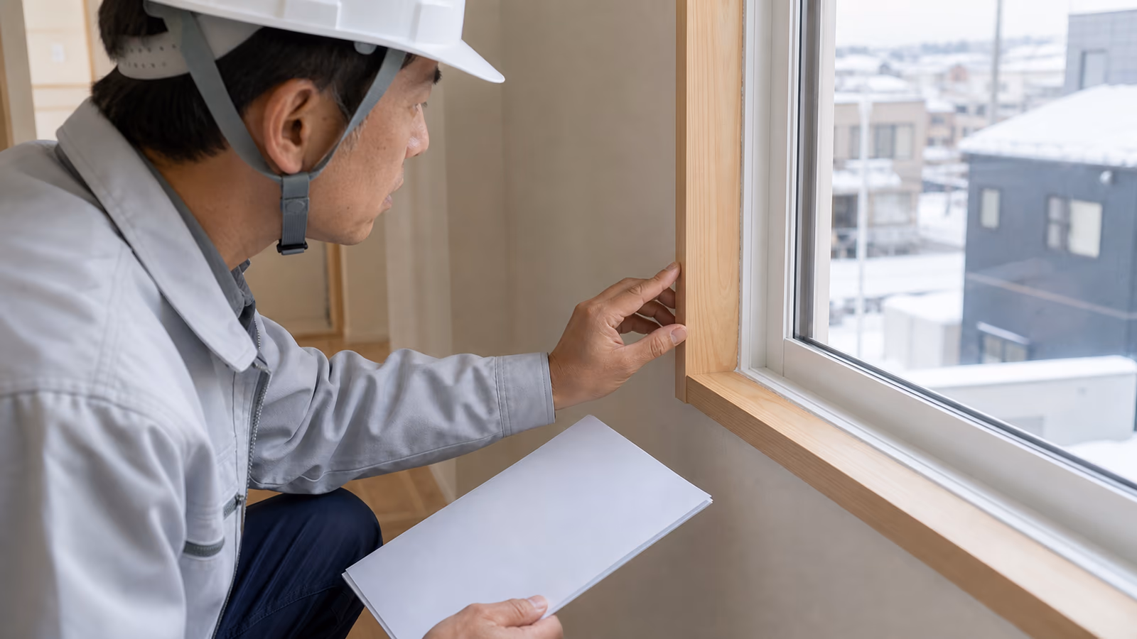 改修後の室内で仕上がりとシーリングを確認する現場監督
