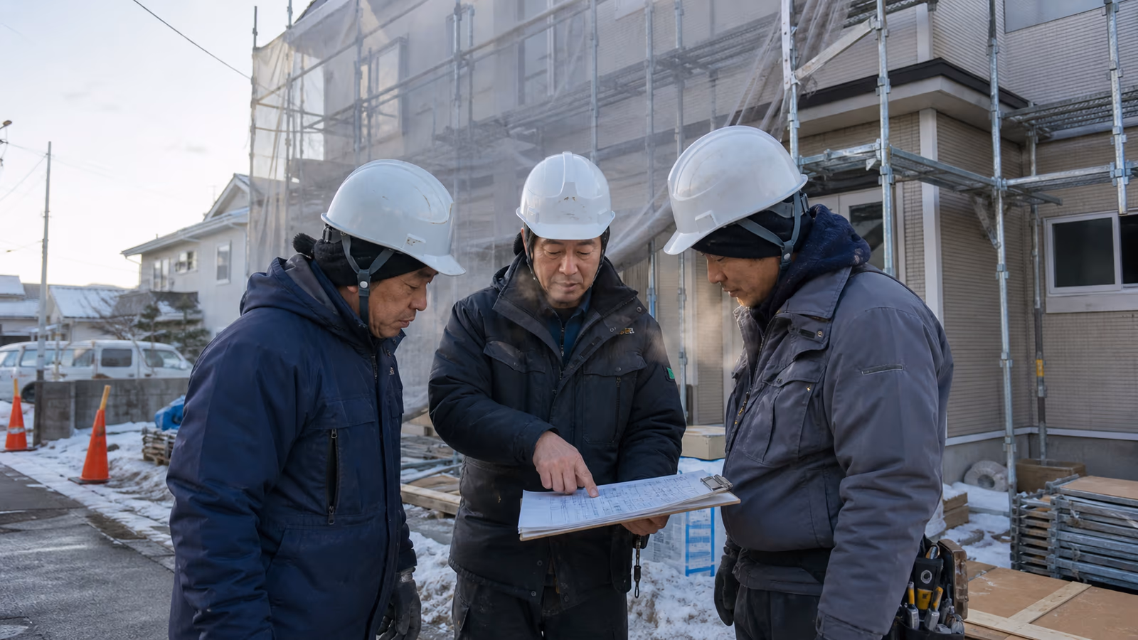 現場で職人と工程表を囲んで段取りを確認する朝の様子