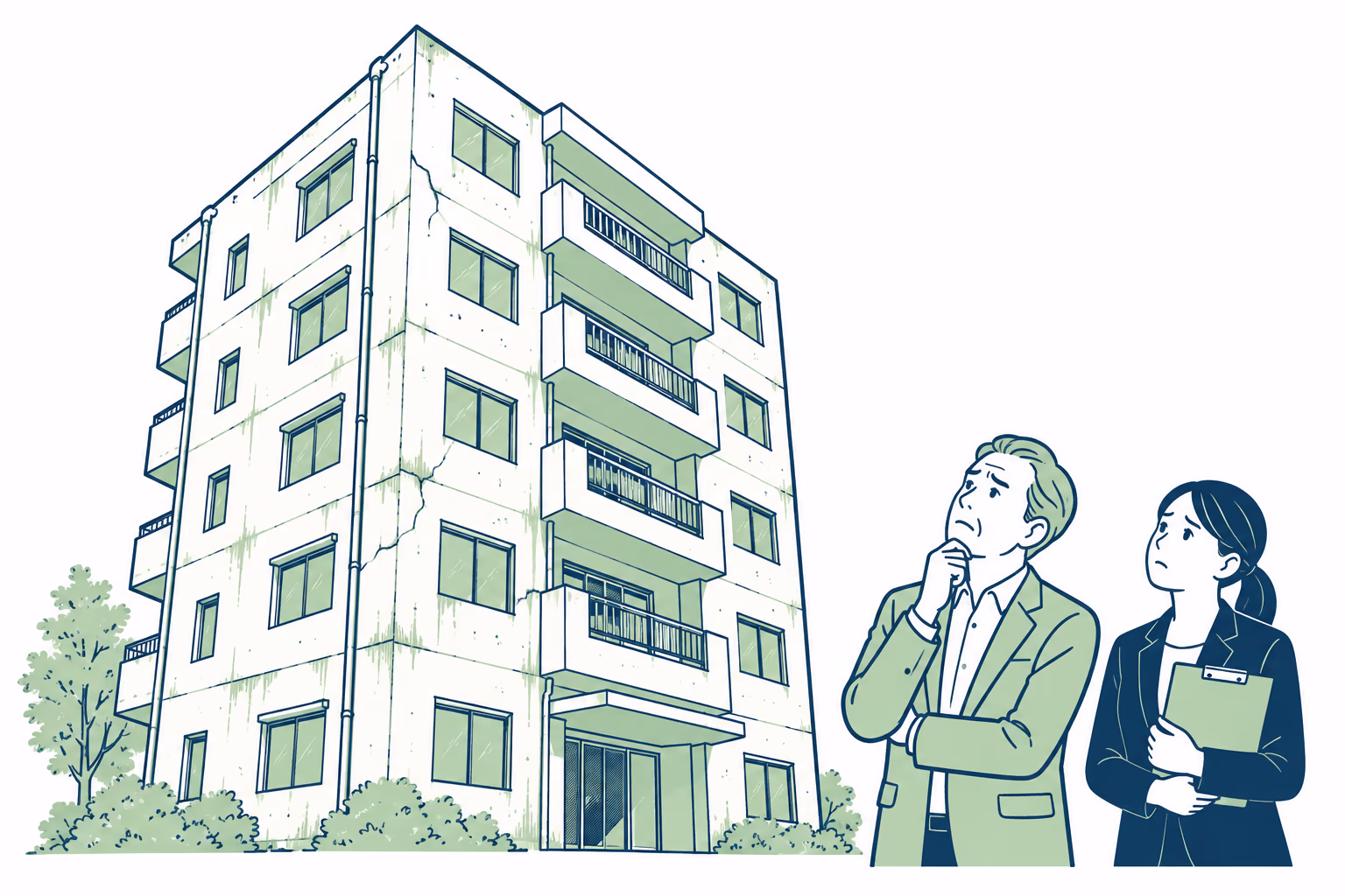 建物を見上げて困っているオーナーと管理会社の担当者のイラスト